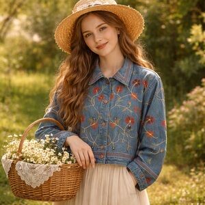 Womens Vintage Units Denim Floral Embroidered Shirt Jacket Size L